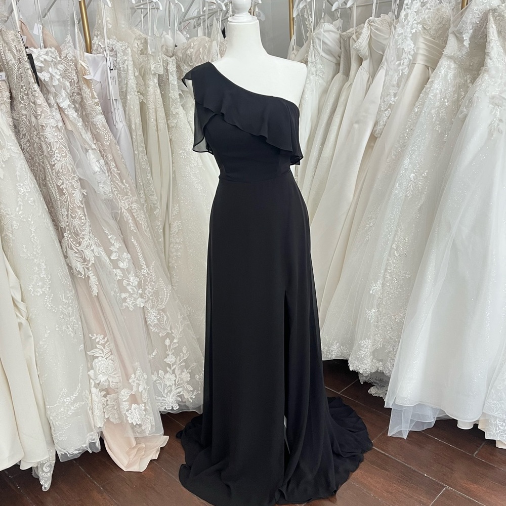 Mori Lee One-Shoulder Black Evening Gown with Ruffle Detail